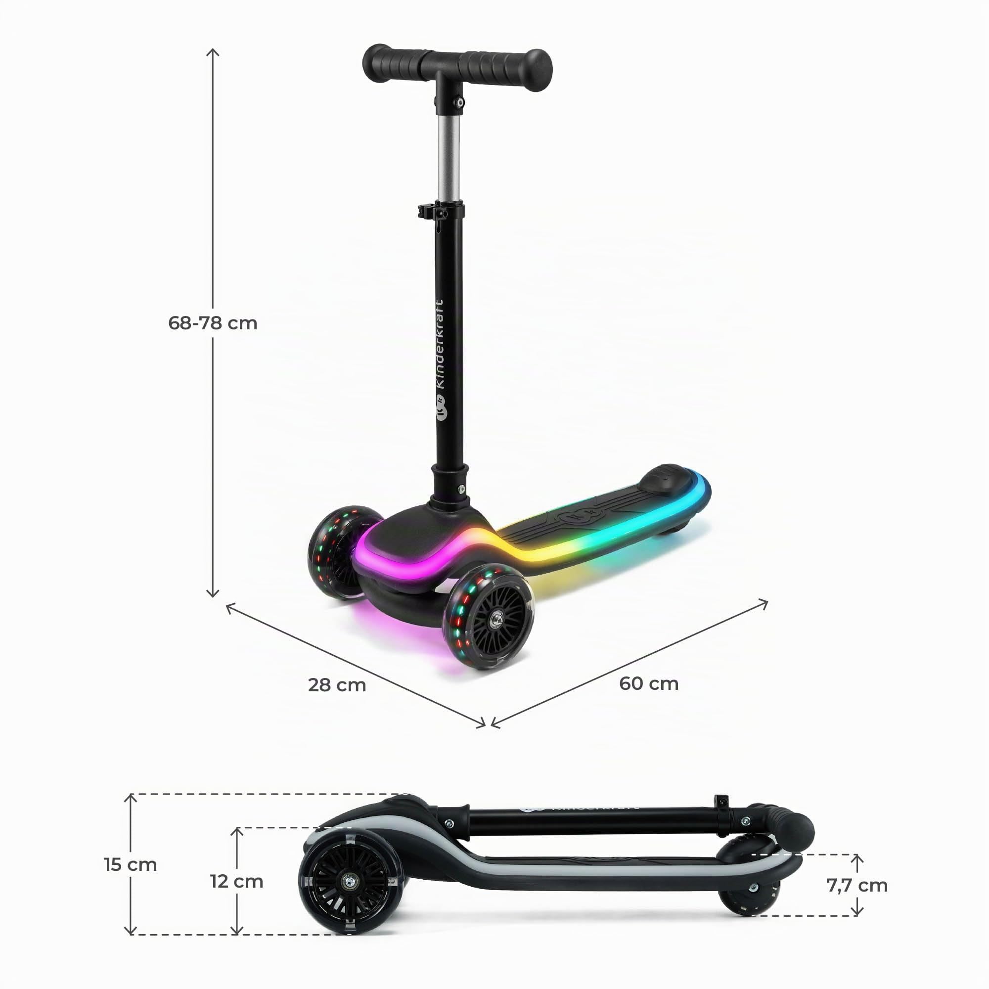 Kinderkraft RAKET Monopattino Bambini 2+ Anni a 3 Ruote con Luci LED RGB – Leggero e Pieghevole, Manubrio Regolabile, Sistema di Equilibrio, Freno Sicuro, Nero