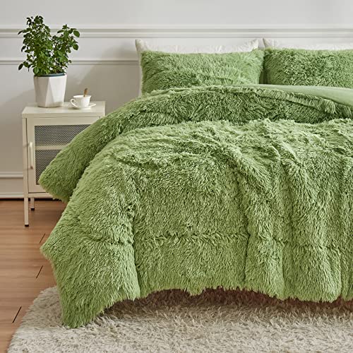 Wajade Faux Fur Plush Sage Green Comforter Set Fluffy Fuzzy Shaggy Bedding Set - 3Pc Full Size Microfiber Soft Warm Quilt Set #TOP5