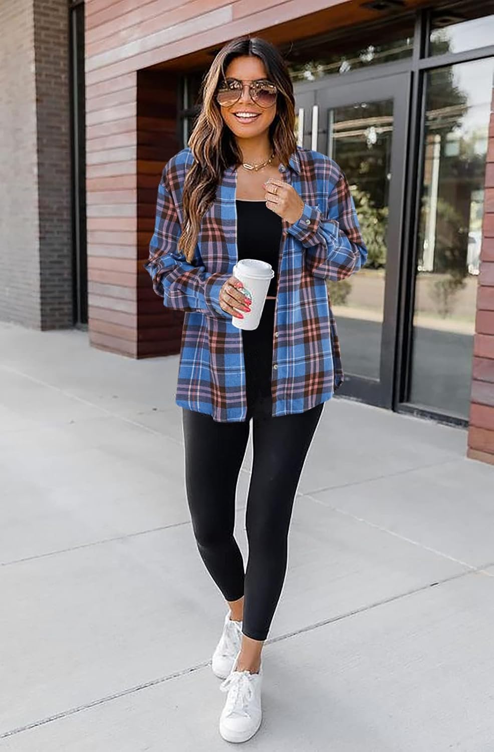 Wenrine Womens Long Sleeve Button Down Shirt Casual Plaid Flannel Shirt Collared Blouse Tops - Image 6