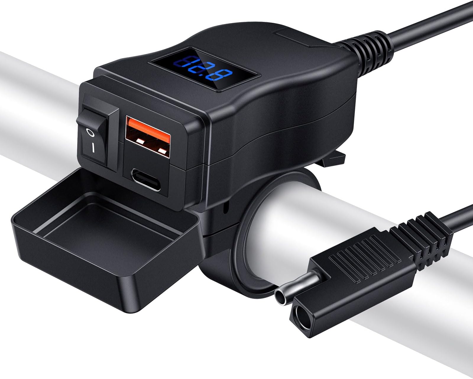 Motorcycle USB Charger(38W), 6.4A USB Type C 2-IN-1 Motorcycle Phone Charger Port, SAE to USB Adapter with ON/Off Switch and LED Voltage Monitor, Suitable for Dirt Bike, ATV (Blue)