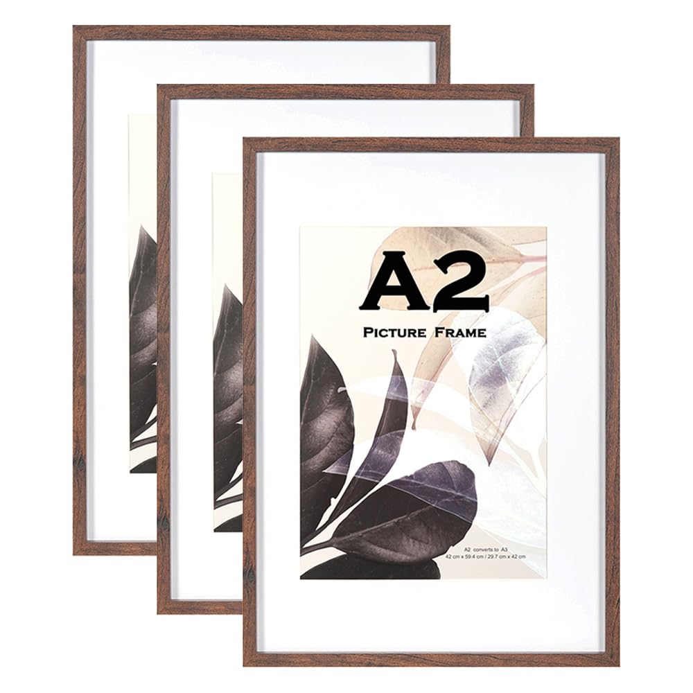 Walnut Wooden Picture Frame A2(42x59.4cm) with Mat,Set of 3, Mount for A3 Picture or Certificate,Wall Mountable