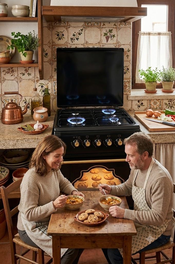 SOLTHERMIC 50 CM ANCHO F5S40G2 COCINA GAS NEGRA RUSTICA CON MANDOS DORADOS / 4 FUEGOS CON ENCENDIDO AUTOMATICO/ALTA GAMA