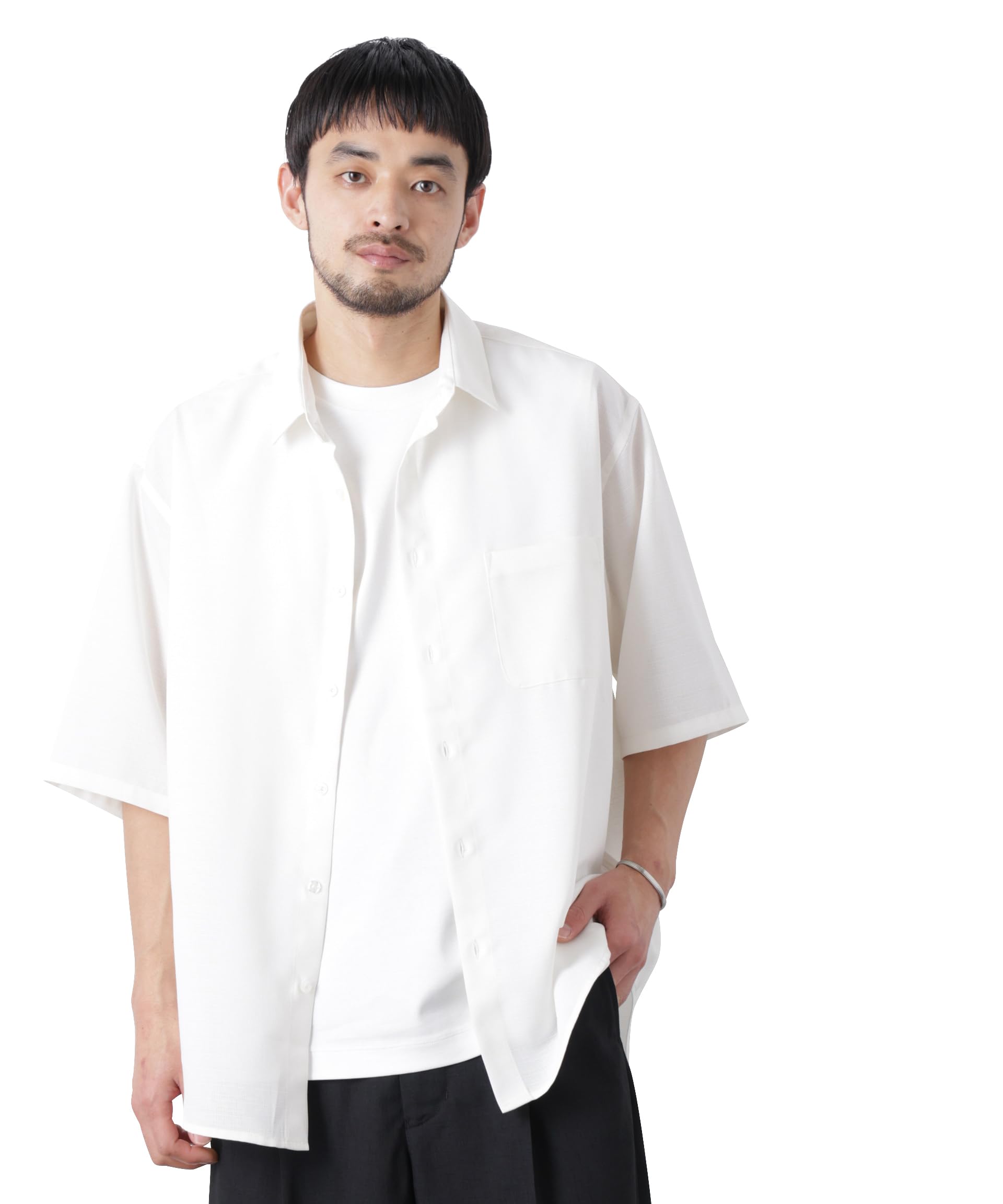 [ナノ・ユニバース] テックリネンシャツ 半袖(セットアップ可) メンズ L アイボリー 672-6121209