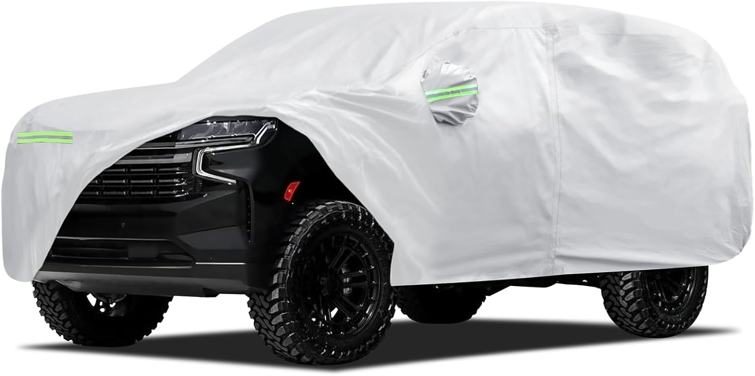 Car Cover Custom Fit for Chevrolet Chevy Suburban 1973-2026, Migaven Waterproof Full Exterior Cover Sun Rain Protection with Door Zipper and Cotton Lining, Silver