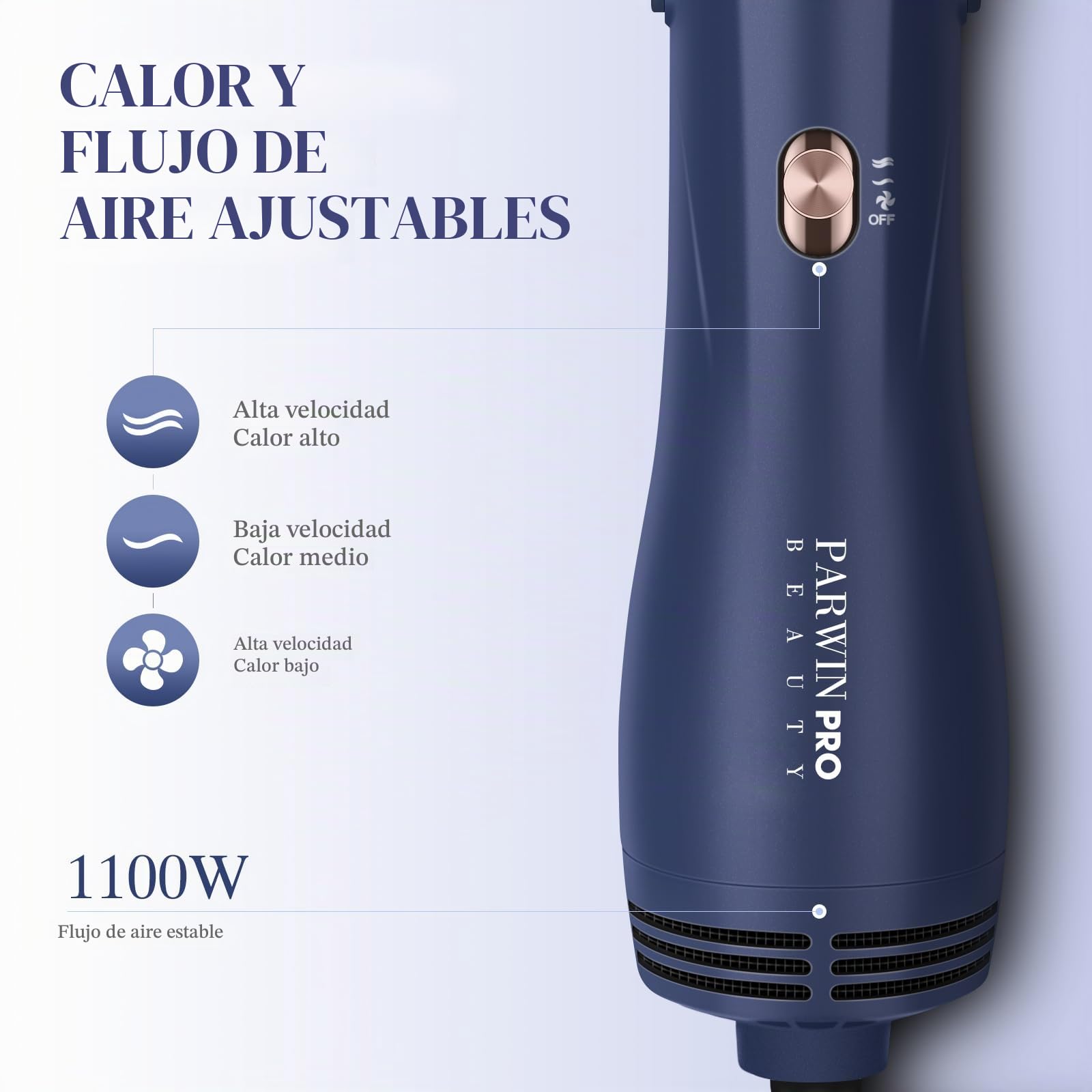 PARWIN PRO BEAUTY Cepillo de aire 4 en 1, moldeador, cepillo para secado con secador para peinar en un solo paso, volumen rápido, rizos, alisado, 3 temperaturas, cuidado iónico, 1100 vatios, Azul