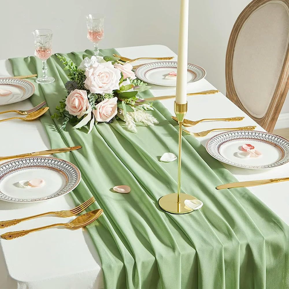 Chemin de Table en Mousseline de Soie Vert Sauge Décoration de Mariage Baby Shower Fêtes d'anniversaire Noël Halloween Thanksgiving Événements Fournitures