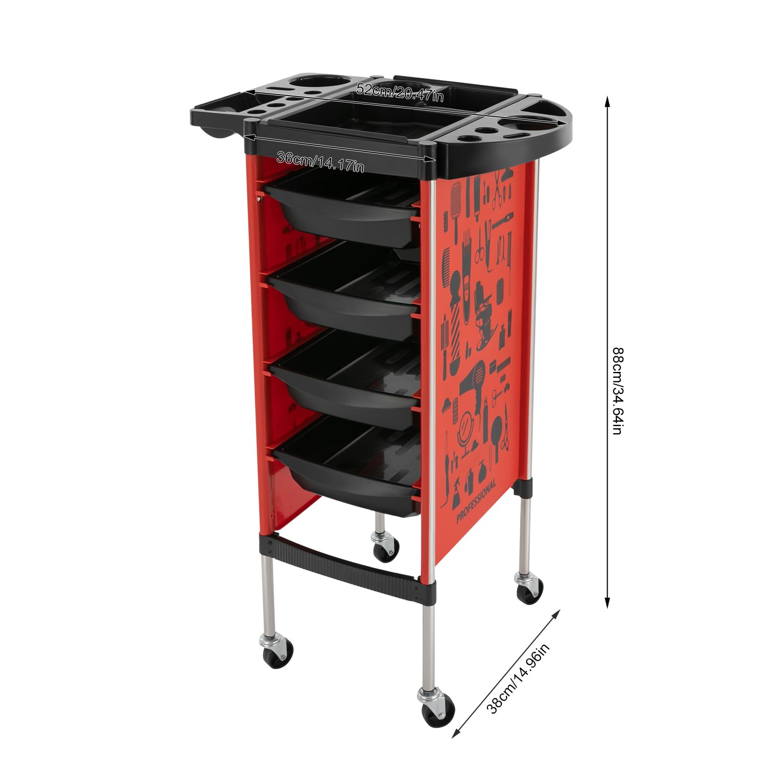 Carrello Parrucchiere Professionale 38 x 88 cm 5 Ripiani + 4 cassetti Ruote silenziose Rosso per Centri estetici e Parrucchieri