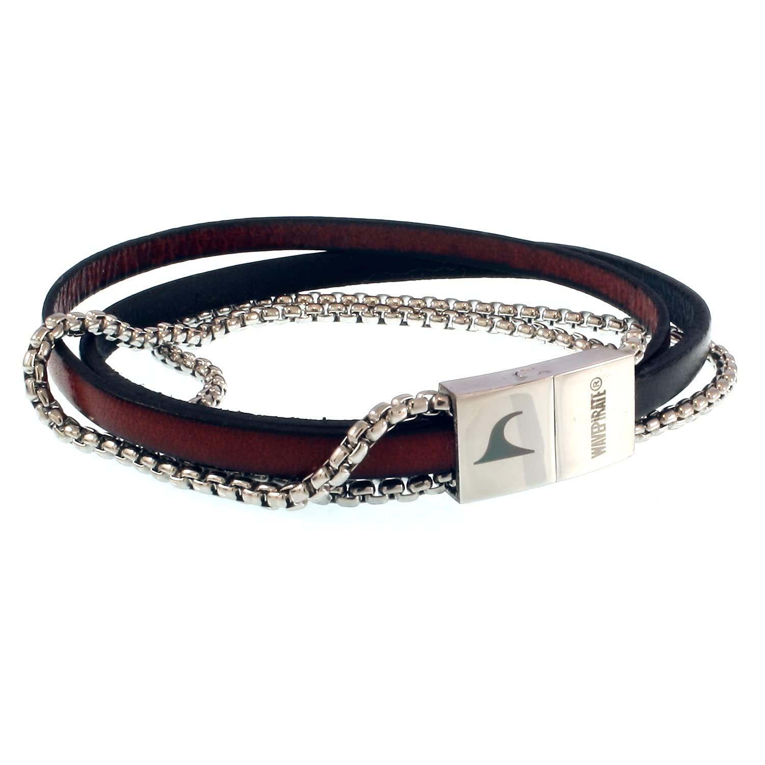 Echt Leder-Armband REX Edelstahlkette Schwarz Mahagony Geschenkbox Herren Männer