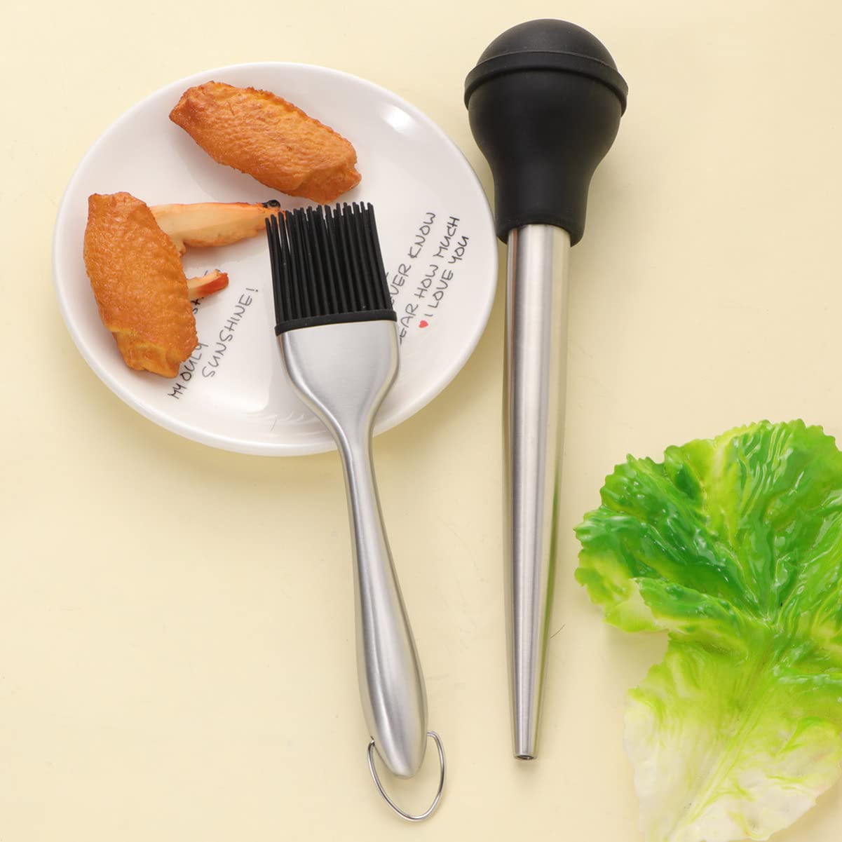 Set Utensili per Barbecue in Acciaio Inox 304 Contagocce Olio da Cucina, Tubo Rigido per Condimento Tacchino e Pennello in Silicone Alimentare, Accessori Pratici per Carne