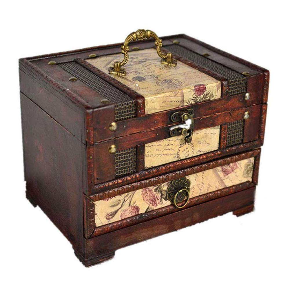 Joyero de madera retro, organizador de joyas hecho a mano con espejos de maquillaje y cerraduras, organización de almacenamiento de cosméticos y joyas, adornos fabulosos para niñas y mujeres, pequeño