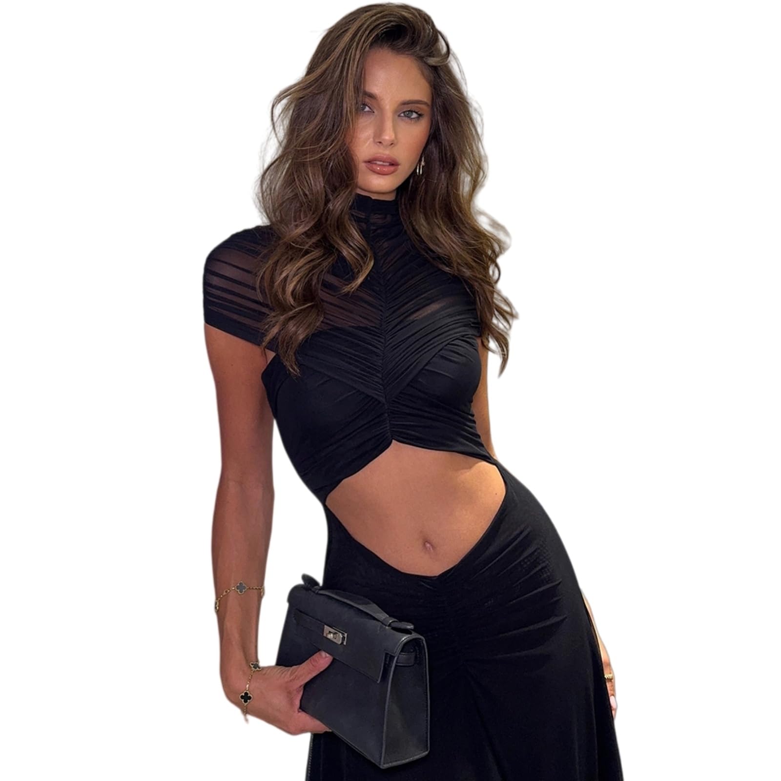 Vestito Sexy Donne Cave out Maxi Abito O Collo Manica Corta Ruched Alta Vita Bodycon Party Club Lungo Vestidos-Black-s