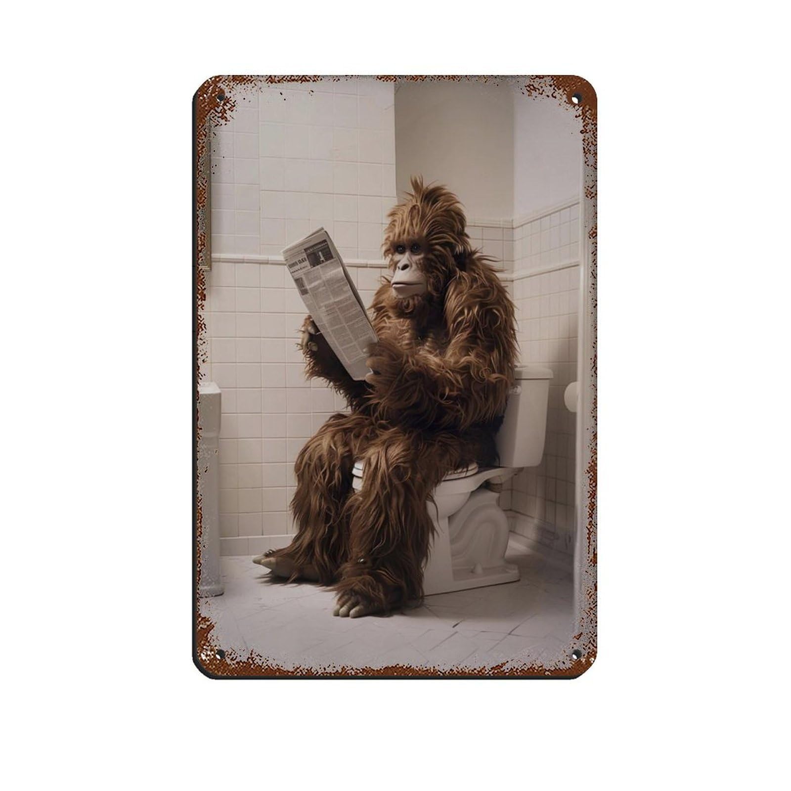Sasquatch Sitting on The Toilet Reading A Newspaper (4) Retro Poster Metal Tin Sign Chic Art Retro Iron Painting Bar People Cave Cafe Family Garage Poster Wall Decoration 8x12inch(20x30cm)