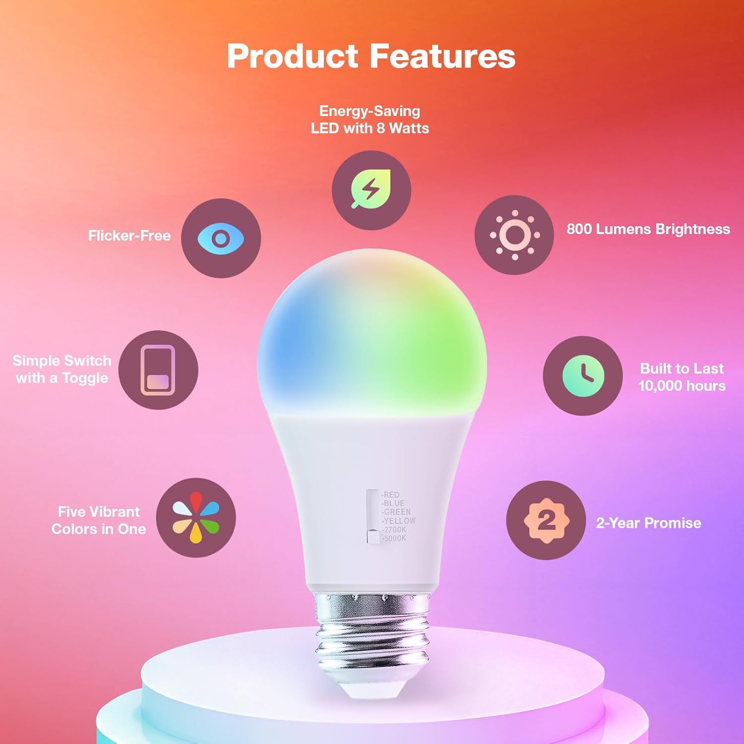 Sylvania LED Color Changing Light Bulb, Red/Blue/Green/Yellow/White, 2700K/5000K, RGBW Colored Light Bulbs, 8W, A19, E26 Medium Base - 1 Pack (42639)
