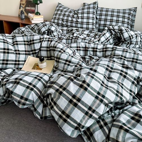 Image of mixinni Vintage Grey & Pale Blue Buffalo Plaid Duvet Cover Set Full Size - 3 Piece Washed Cotton Bedding Set with Grid Pattern, Soft & Breathable Duvet Cover with Pillowcases for Boys, Men& Women