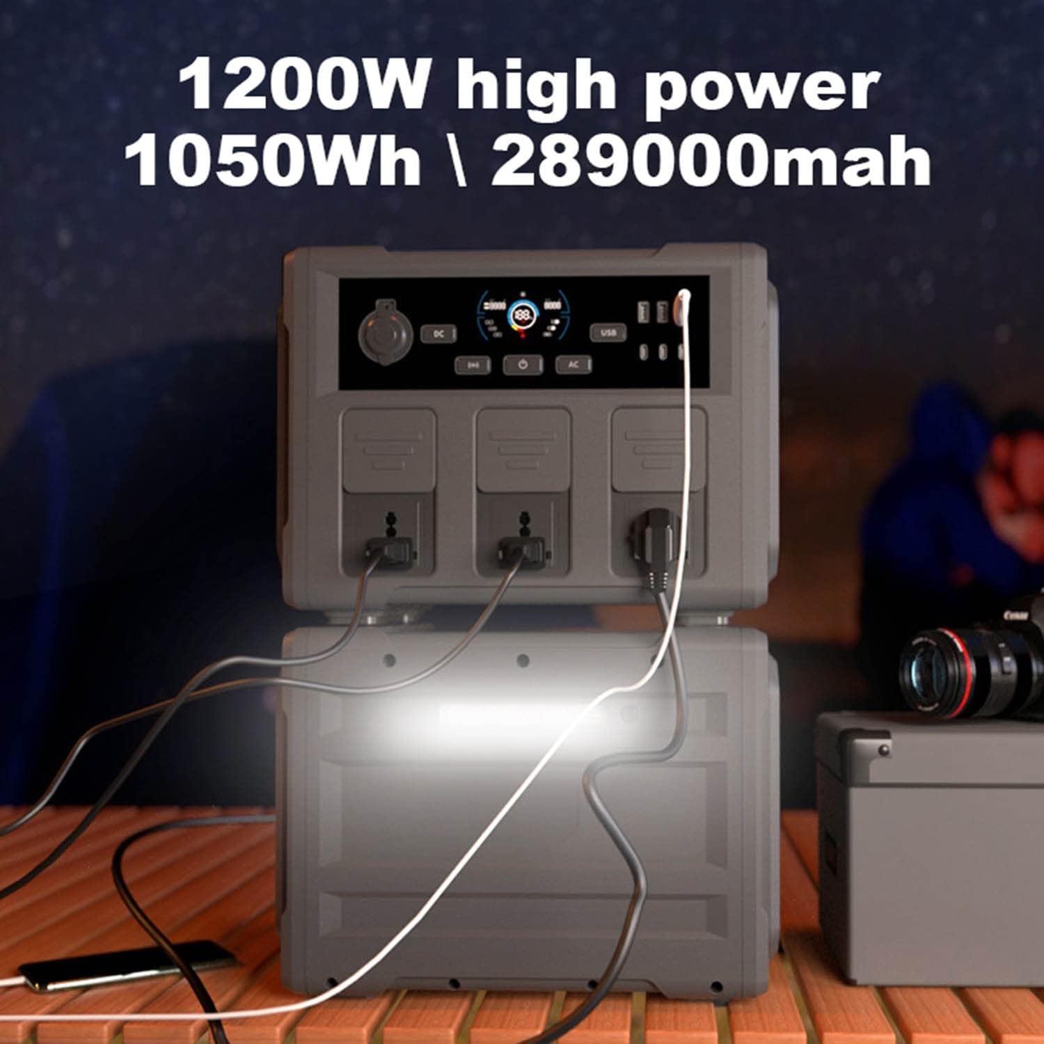 Estación de energía portátil de 1200 W, generador de onda sinusoidal pura con toma de corriente de 220 V CA, ideal para camping, emergencias, batería de litio recargable para interiores y exteriores