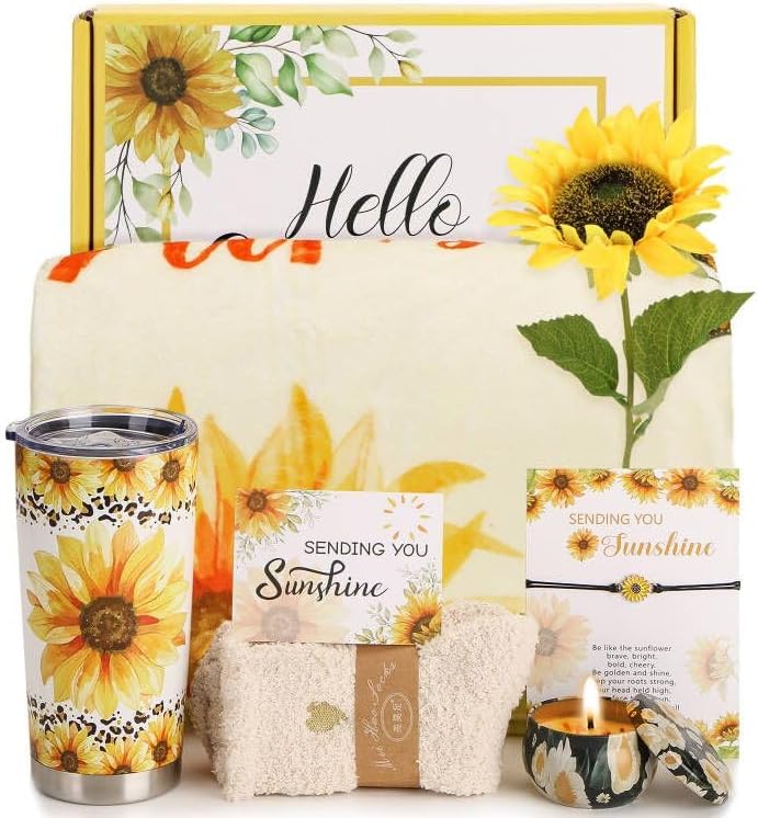 Sending Sunshine Gift, 7pcs Sunflower Gifts for Women, Get Well Soon Gifts for Women, Care Package, Unique Birthday Gifts Box with Inspirational Blanket Candle Socks for Thinking of You Mom Friends