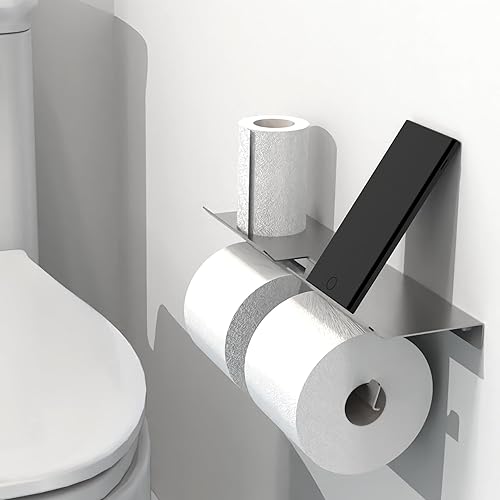 Miniatura 3 de Soporte de papel higiénico con estante para megarrollos, organizador de baño para teléfono celular, tableta o toallitas húmedas, fácil carga,