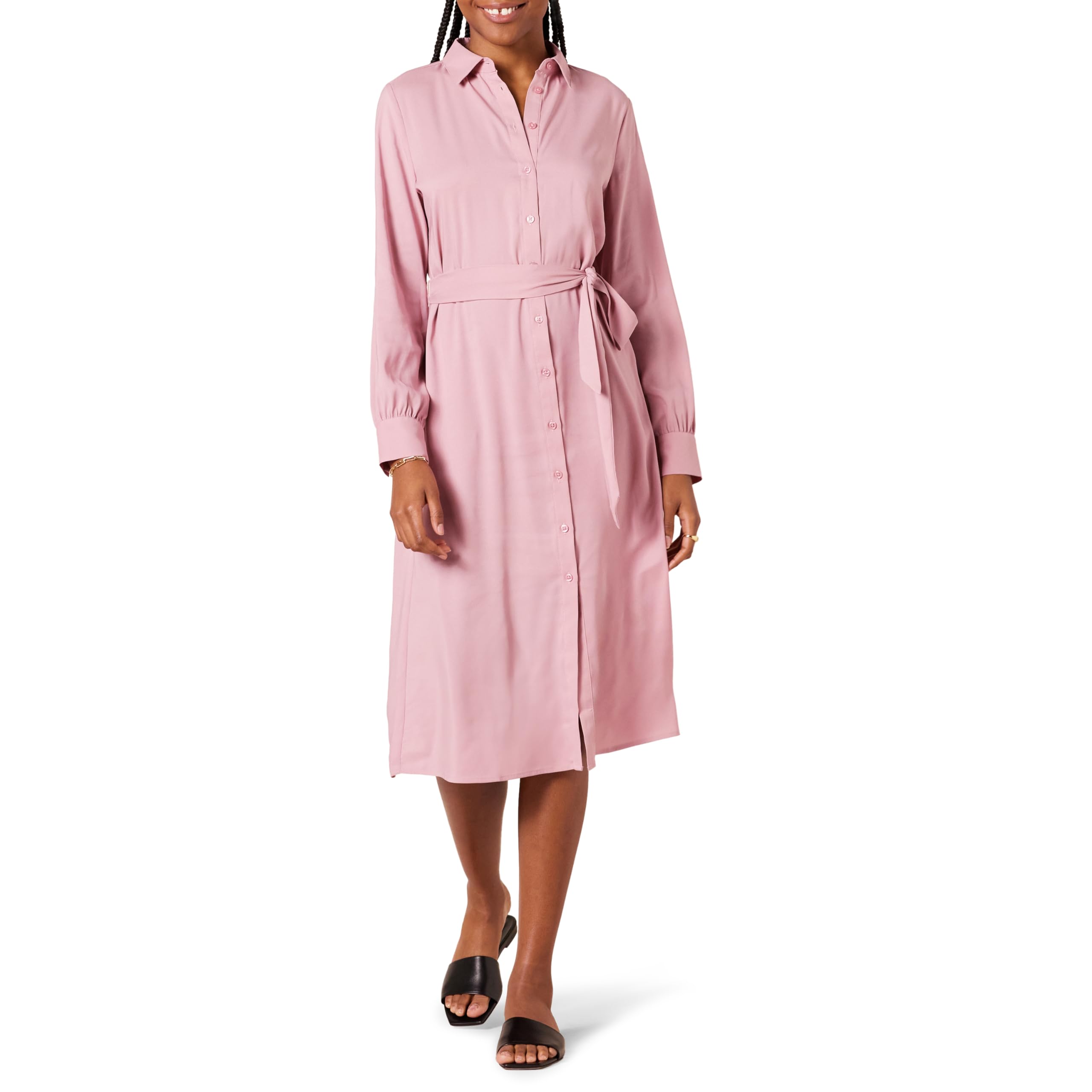Amazon Essentials Women's Long-Sleeve Midi Shirt Dress for Work and Office, Mauve, XXL