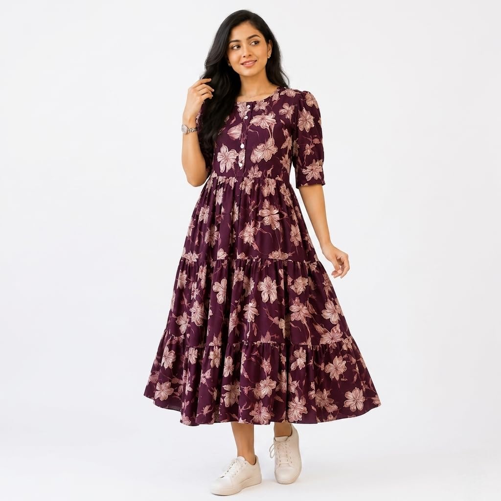 Women's Leaf Printed Rayon Tiered Midi Dress | Summer Comfortable Summer Outfit for Girls & Women One Piece Dress with Square Neck – Lightweight Summer-image-8
