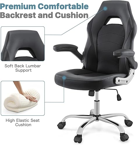 Miniatura 5 de MCQ Silla ergonómica con reposabrazos abatibles acolchados y soporte lumbar, piel sintética, altura ajustable, giratorio, función mecedora, para