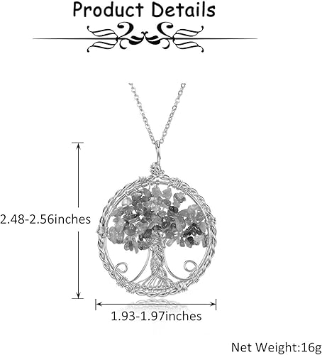 Miniatura 6 de Collar con colgante de piedras preciosas de árbol de la vida de PESOENTH con 7 chakras, piedra natural, cuarzo arco iris, plata, collar envuelto en