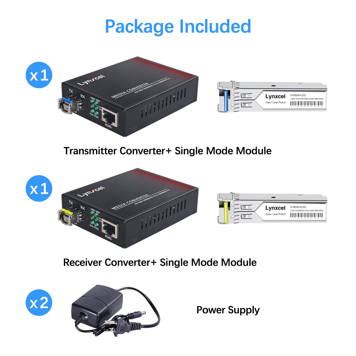 Convertisseur de média fibre Gigabit vers Ethernet, convertisseur de médias fibre monomode avec 2 modules Bidi SFP SMF LC, 10/100/1000Base-TX vers 1000Base-FX SFP vers RJ45, jusqu'à 20 km