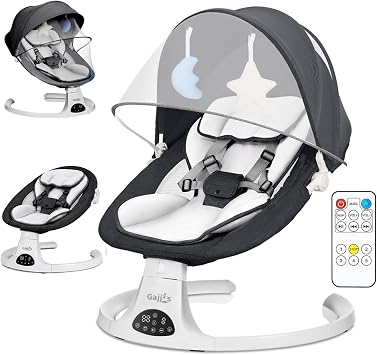 Baby Bouncer Swing Chair from Birth | 5-Speed Baby Swing with Remote Control, 3-Stage Timer, Soft Padded Seat & 2 Plush Toys. Black