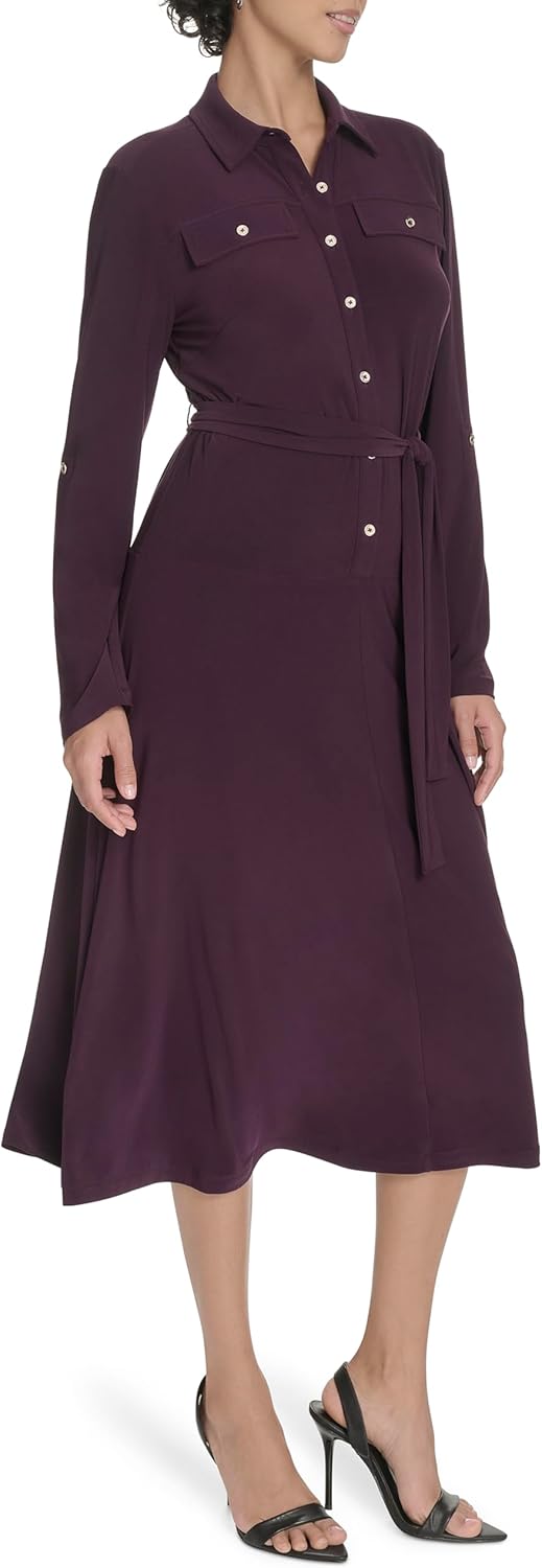 Tommy Hilfiger Womens Roll Tab Sleeves Collared Solid Jersey Shirtdress - Image 7