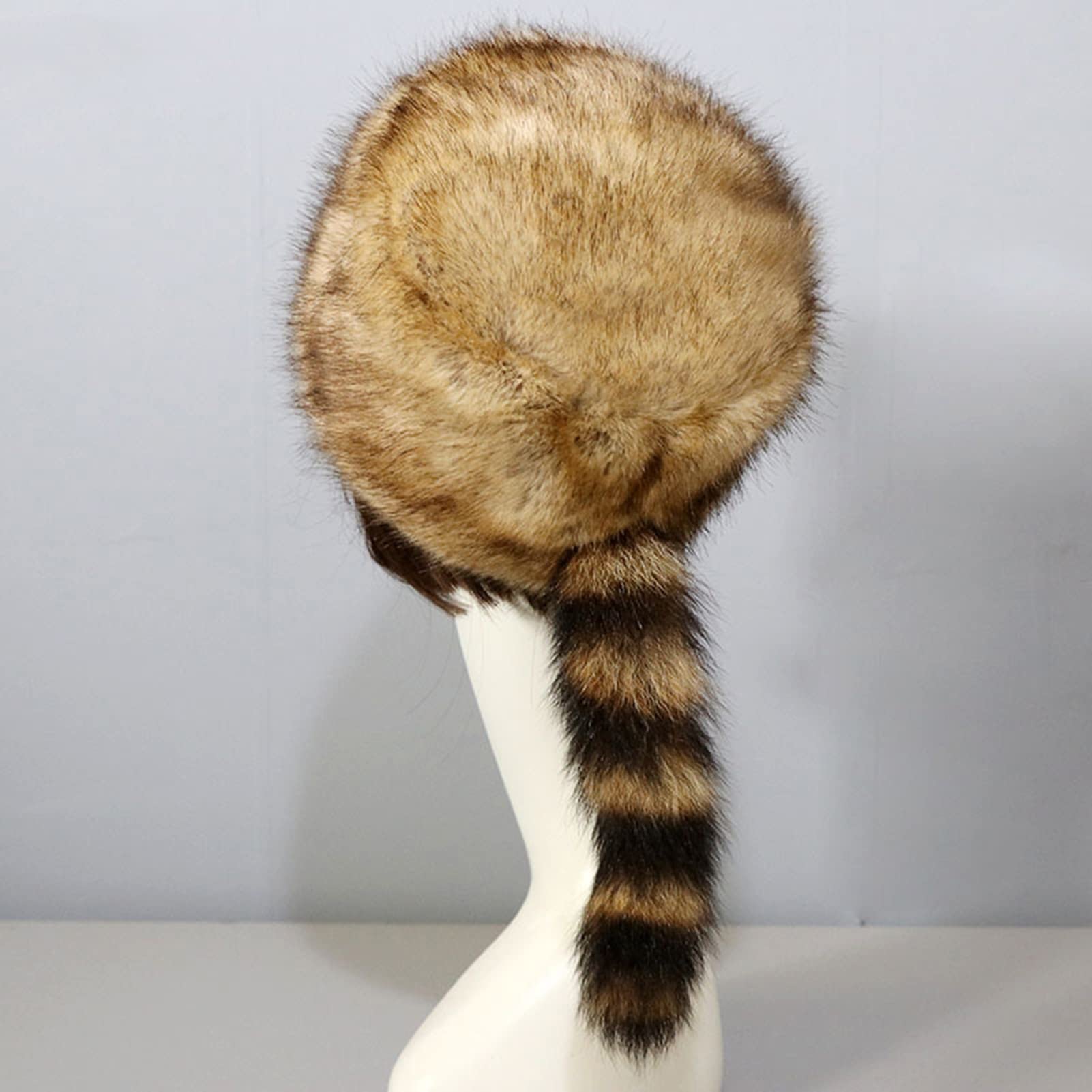 Altsuceser Gorra de piel sintética con cola de mapache y parte superior plana, sombrero de cola de mapache para invierno