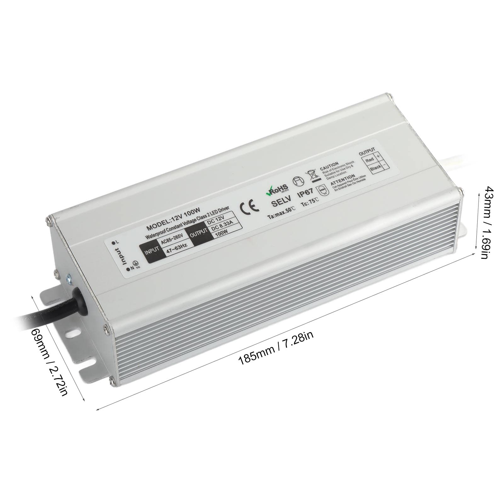 Driver LED 100W 12V/24V Impermeabile IP67 Trasformatore LED Alimentatore LED da 85~265V AC a 12V/24V DC Uscita a bassa tensione per luce LED, Computer Project, Industriale, Luce esterna(Spine UE-12V)