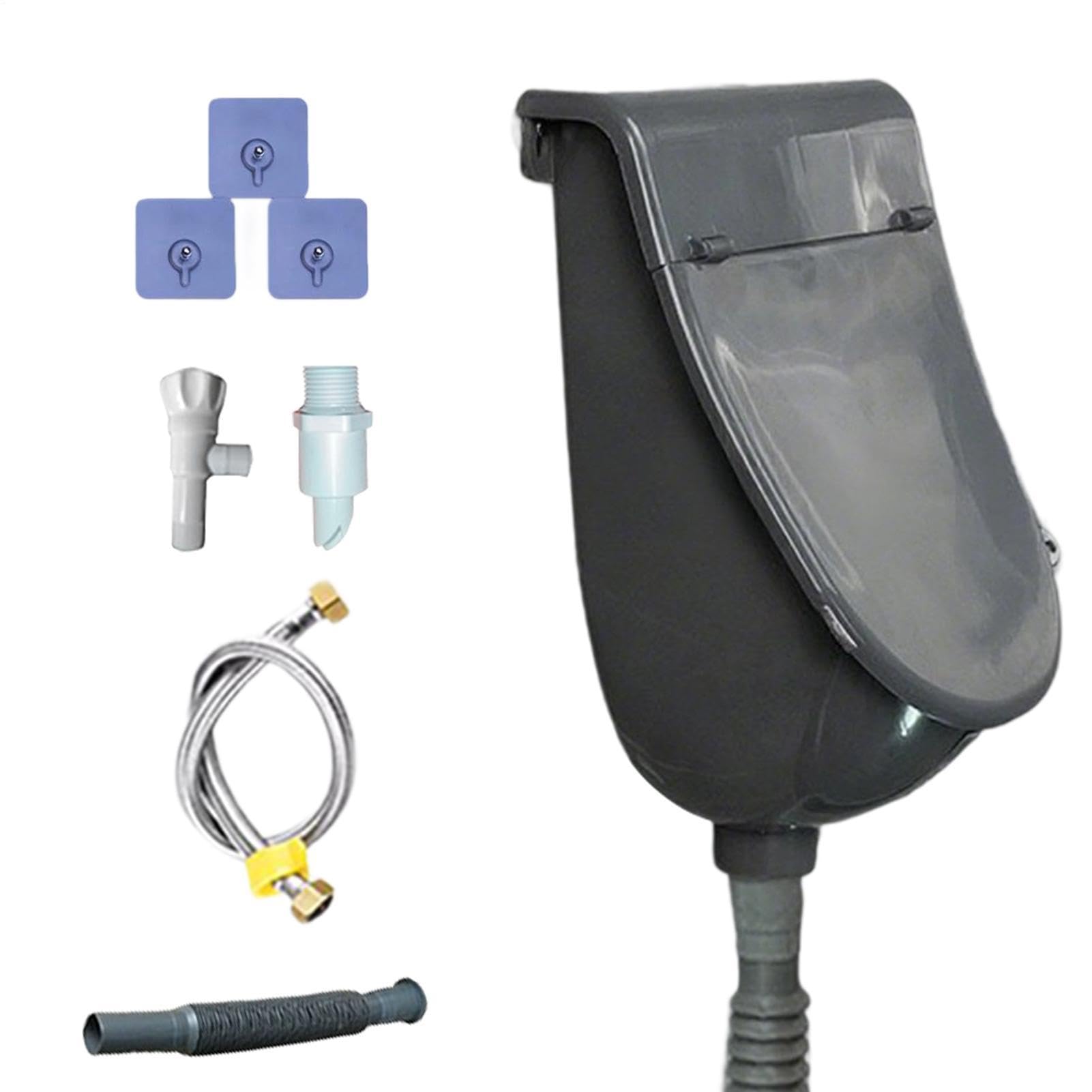 Männer Urinal – Außen Wandurinal | Mobiles Urinal mit Deckel – Herren Wand-Urinal Set für Camping RV Garten Garage Inklusive Ablaufschlauch Sprühdüse Klebepads Einfache Montage Ohne Bohren Weiß