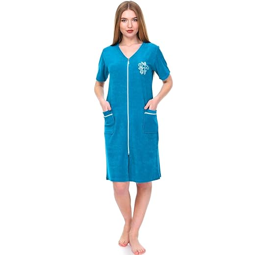 Brighton Robes Women's Terry Cotton Zipper Front Short Sleeve Two Pocket Robe Sleepwear Beach Dress (Large, Teal)