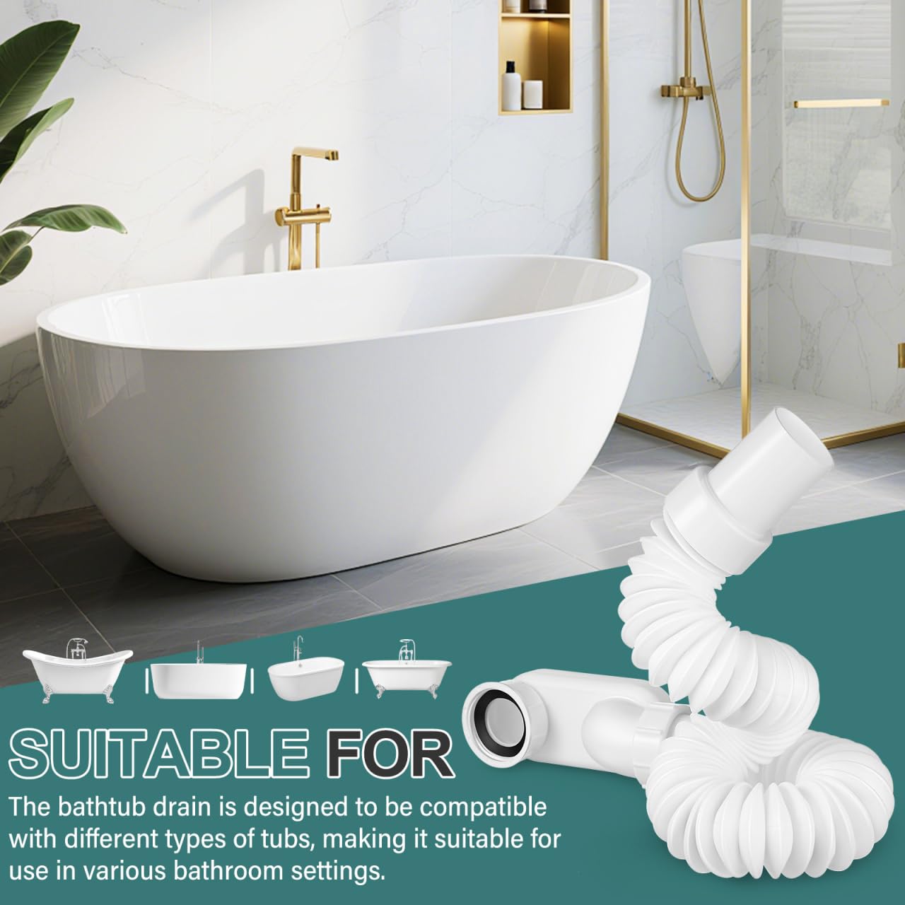Uonlytech Kit Di Scarico Vasca Da Bagno E Flessibile E Autoportante Sifone Piatto A Basso Profilo Per Scarico Vasca Da Bagno