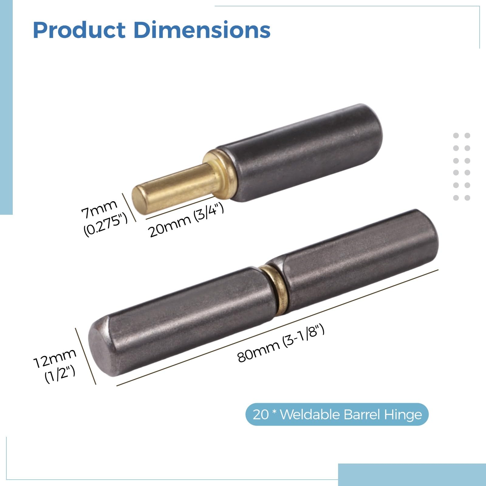 20 bisagras de puerta soldadas, bisagras de barril soldables de 3-1/8 x 1/2 pulgadas, bisagras de puerta de metal resistente, bisagra de puerta desmontable para puertas batientes, ventanas, rampas de