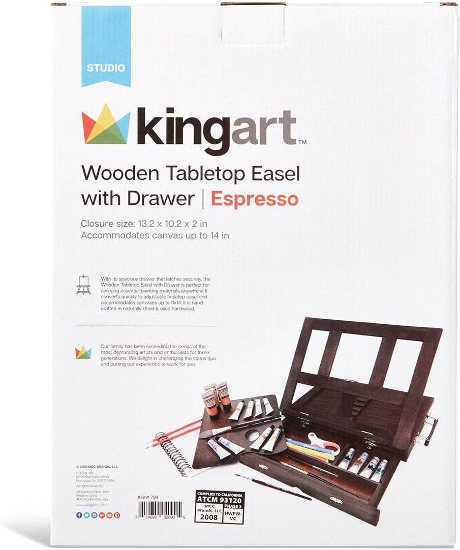 KINGART Adjustable Wood Espresso Stained Desk Table Easel with Storage Drawer, Paint Palette, Portable Wooden Artist Desktop, Painting, Drawing Sketching Book StandE