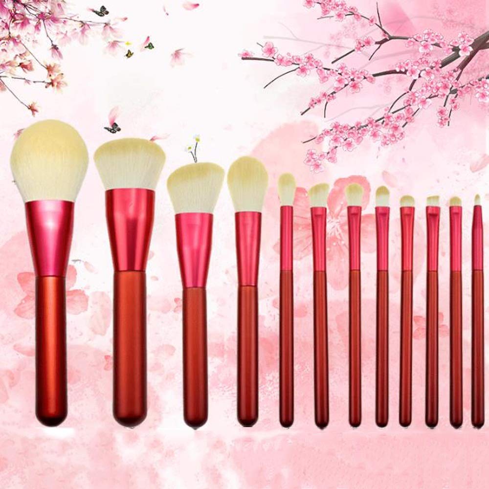 Set di 12 pennelli per Il Trucco - Pennello per Eyeliner Liquido Rosso in Fibra Sintetica Morbida per ombretto e Labbra(Red)