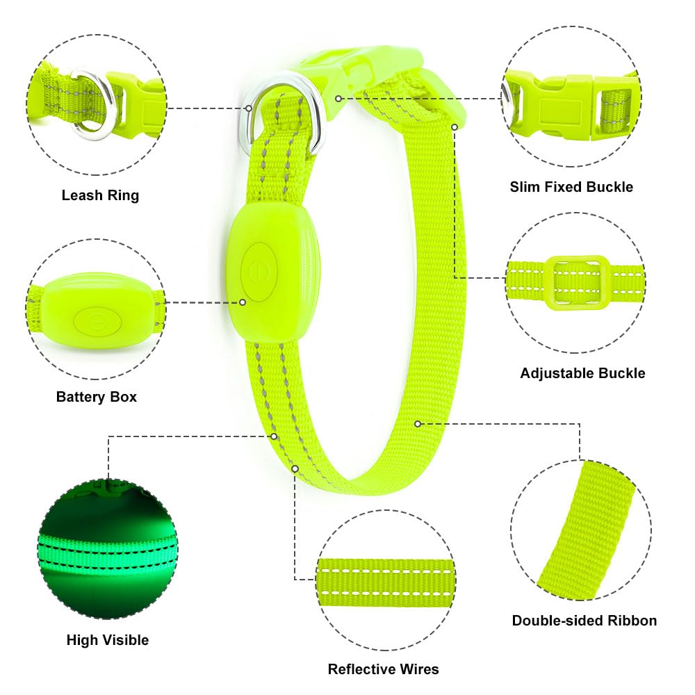 Collare per cani con LED riflettente, ricaricabile, luminoso, per animali domestici, per sicurezza notturna, ideale anche come collare per gatti illuminato (XS, verde)