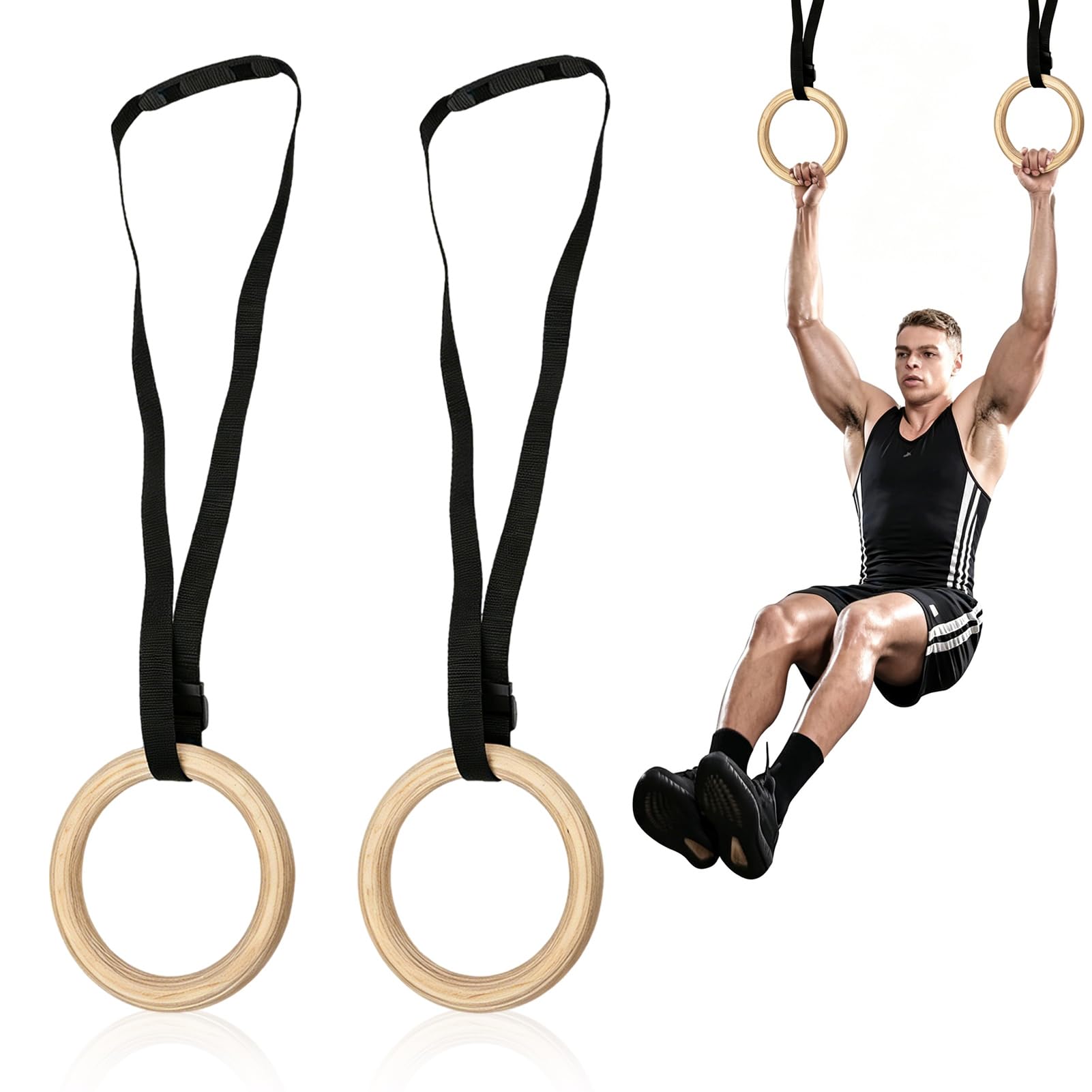 HERCHR Wooden Gymnastic Rings 1 Pair Gymnastics Rings 330LB Load Bearing with Maximum Adjustable 27.6in Length Straps for Home Gym Full Body Workout Calisthenics Equipment