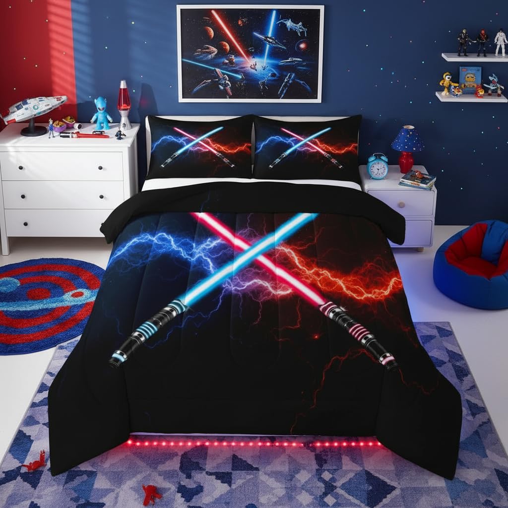 Castle Fairy Blue Purple Lightsaber Comforter Set Full Size,Neon Glowing Lightning Bedding Set Video Games Theme Quilt Set for Kids Boys Girls Teens Room Decor,Modern Black Duvet Insert,2 Pillowcases