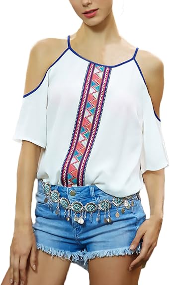 Blusas De Mujer Elegantes Media Manga Hombro Descubierto Cuello Basic Ropa  Redondo Vintage Hippie Boho Estampadas Moda Verano Blusa Camisetas T Shirt  Tops Ropa (Color : Blanco, Size : 2XL): Amazon.es: Ropa