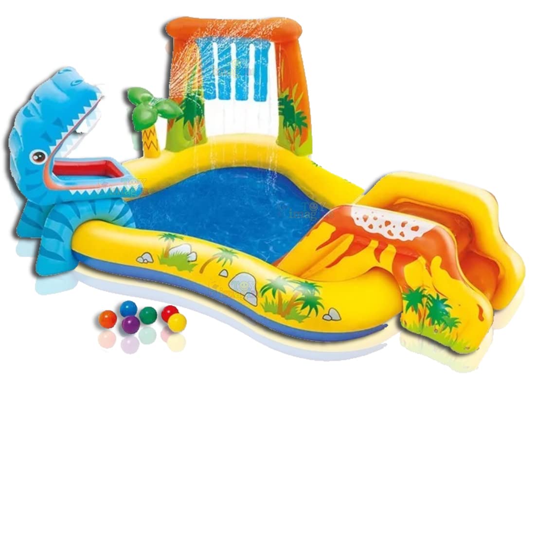 Toy Imagine Dinosaur Inflatable Play Centre Swimming Pool for Kids, Boys & Girls Paddling Pool with Inbuilt Water Spray & Slide| Waterfall| Feed The Hungry Dinosaur with 6 Balls Included(Multicolor)