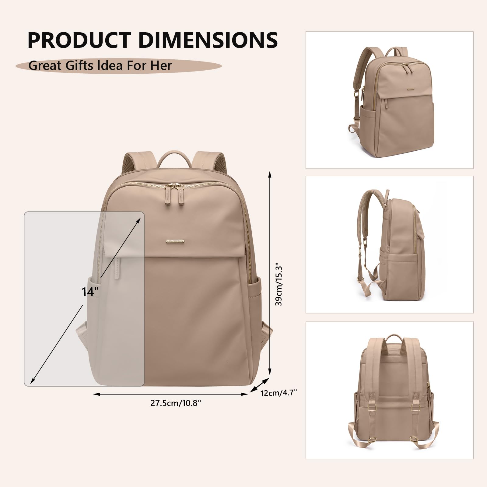 GOLF SUPAGS Frauen Rucksack Casual Daypack für Arbeit Reisen Hochschulen Rucksack Geldbörse Fits 14 Zoll Notebook (Champagnerfarben)