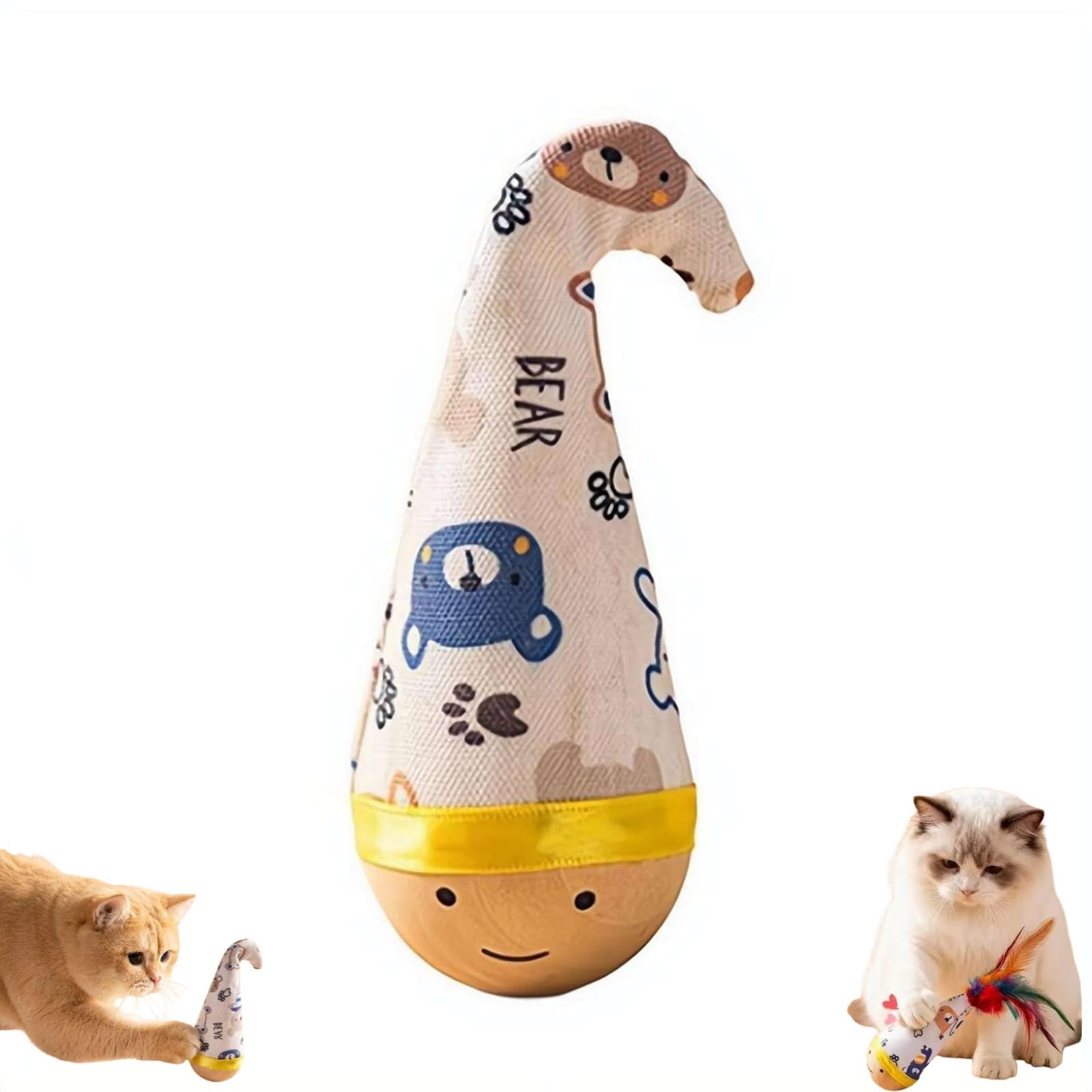 Wooden Wobble Cat Toy,Natural Beechwood Cat Toy,Interactive Wobble StarterToy for Kittens & Indoor Cats,Self-Righting InteractiveToy with Colorful Feathers,Enrichment Toys for Bored Adult Cats
