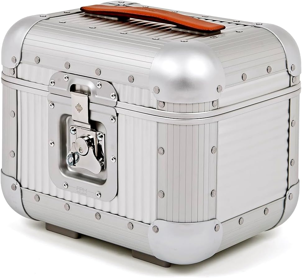 FPM MILANO Bank Vanity - Made in Italy Aluminum & Leather Framed Cosmetic Case - Personal Size - Moonlight Silver