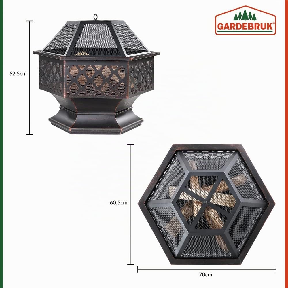 GARDEBRUK® Braciere Esagonale 70x60,5cm Acciaio Parascintille Attizzatoio Bracieri Esterno Giardino