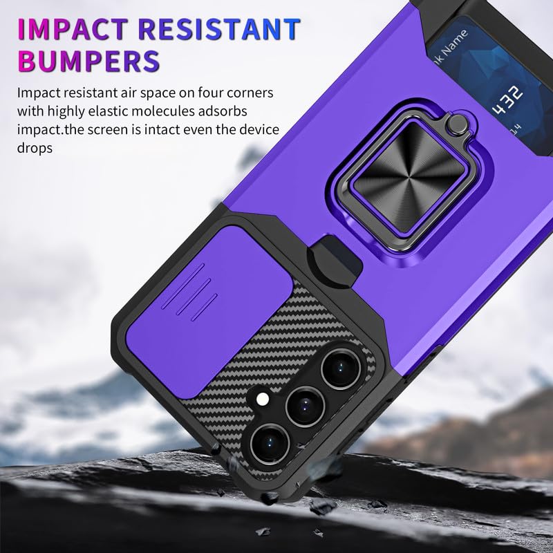 Image of LuxuryKase Shockproof Armor Case for Samsung Galaxy S25 | Slide Camera Cover | Hidden Card Slot | Rotating Ring Kickstand | Magnetic Car Mount Support | Military Grade Protection - Purple