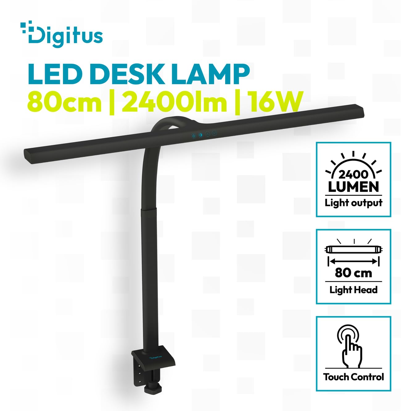 DIGITUS LED Schreibtischlampe – 2400 Lumen – 80 cm Breit – 16W – Schwarz | 1000 Lux – 4-stufige Farbtemperatur – Dimmbar – Touch-Control – flexibler Lampenarm – Klemmfuß – Tageslichtlampe