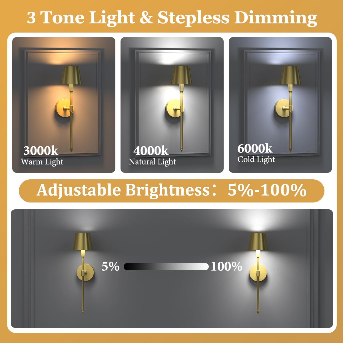 LEMIKKLE Wireless Wall Sconces Set of 2, Rechargeable Wall Lights with Dimmable 3 Colors, 5000mAH, Can Last 24H - Image 3