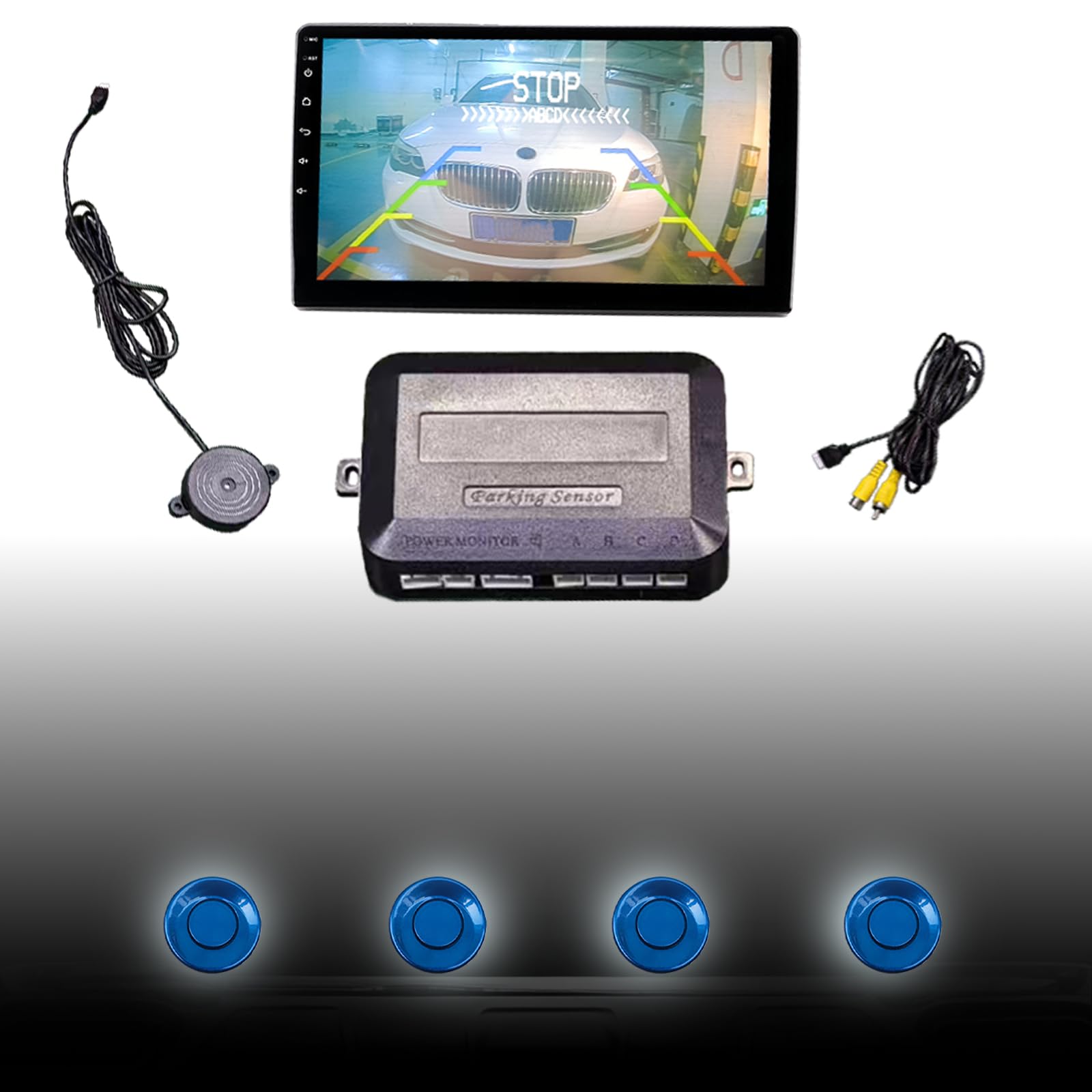 Parking Sensor Kit LCD - Displays Data on Original Screen, Easy Rear Installation, Compatible with All Camera Formats (AHD, CVBS), 20 Probe Colors to Match Any Vehicle（Blue）