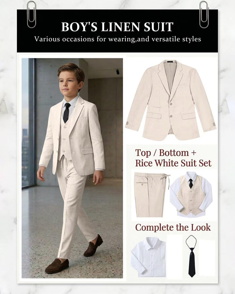 Retro Linen Boys Suit 5 Piece Slim Fit Jacket Vest Pant Boy Suits Kids Tux